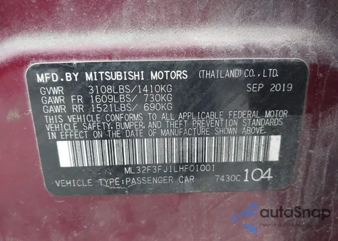 2020 Mitsubishi Mirage G4 Es z USA, uszkodzony, nr VIN ML32F3FJ1LHF01001